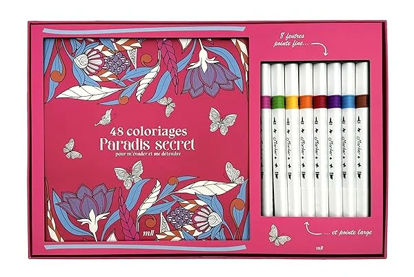 Coffret Coloriage - 48 coloriages - Paradis secret pour m'évader et me détendre: Un carnet à colorier avec des feuilles détachables et 8 feutres