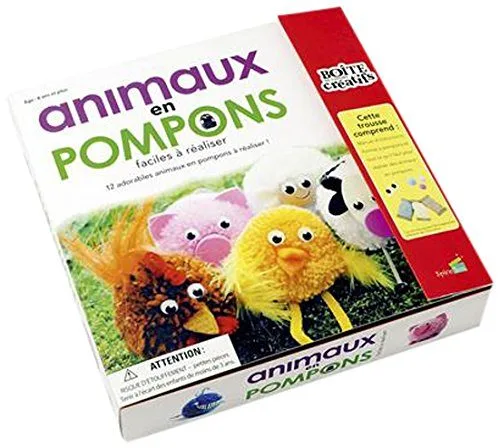 Couverture de Animaux en pompons faciles à réaliser: Avec 4 morceaux de mousse EVA, 12 yeux à pupille mobile, 3 morceaux de garniture de plume, 4 écheveaux de ... de couleurs, 10 pompons, de la colle blanche