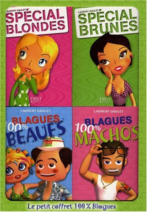 Le petit coffret 100% Blagues en 4 volumes : Spécial Blondes ; Spécial Brunes ; Blagues 100% Beaufs ; Blagues 100% Machos